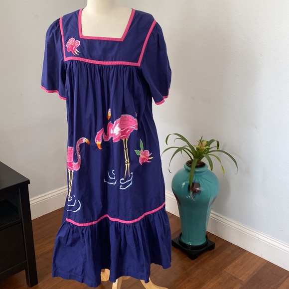 Bechamel Dresses | Bechamel Womens Embellished Flamingos Mumu Patio Dress Size M Petites | Color: Blue/Pink | Size: Mp | Dealsinmycloset's Closet